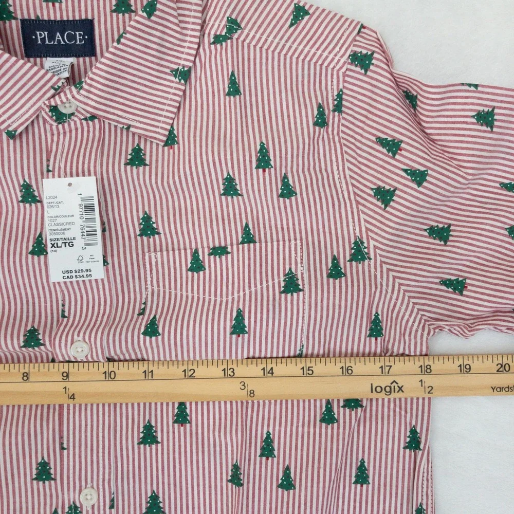 Childrens Place Button Down Shirt Kids Size 14 XL Red Striped Christmas Tree New